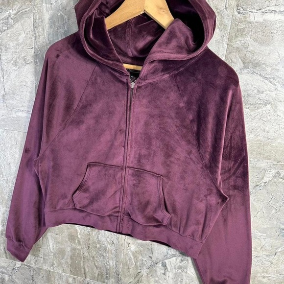 Victoria's Secret Velour Full Zip Hoodie  Purple Logo Cropped Size S #velvet - Picture 2 of 8